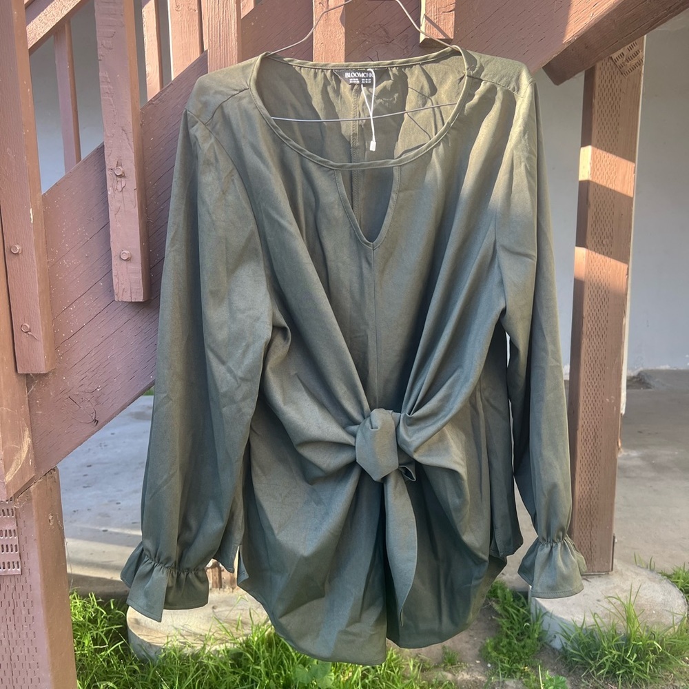 BloomChic Olive Green Front Knot Long Sleeve Blouse - Picture 1 of 7